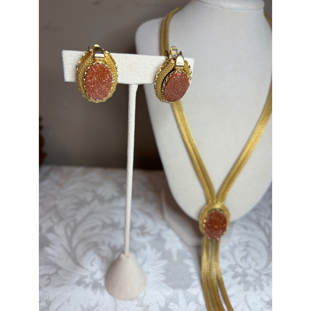 Gold Tone Goldstone Mesh Lariat Necklace and Clip Earring Set Vintage